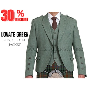 Men&#39;s Lovat Green Argyle Kilt Jacket with 5 Button Vest | Premium Scottish Wool Highland Jacket | Scottish Wedding Jacket Sizes 34&quot;–54&quot;