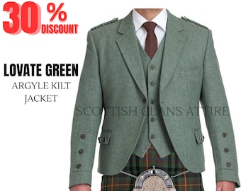 May include: A three-piece Lovate Green Argyle Kilt Jacket with a matching vest and a brown tie. The jacket has decorative buttons on the sleeves and pockets. The kilt is visible at the bottom. Text on the image says "30% Discount".