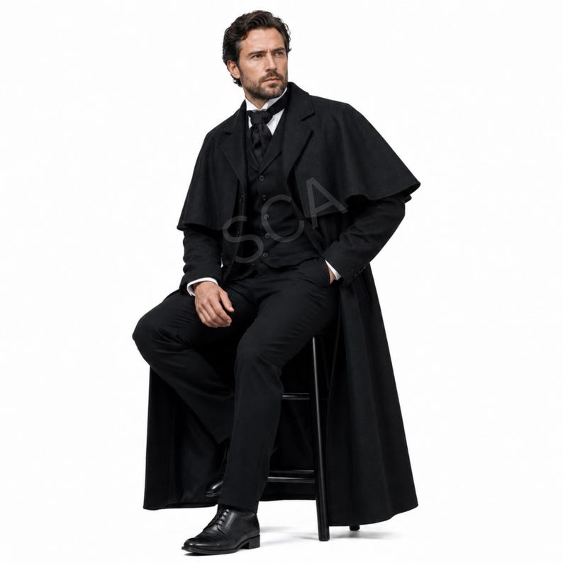 May include: A black long coat with a capelet overlay, worn over a matching black vest, button-down shirt, and trousers. The ensemble includes a black cravat at the neck and black leather boots. The outfit features a structured, formal design.