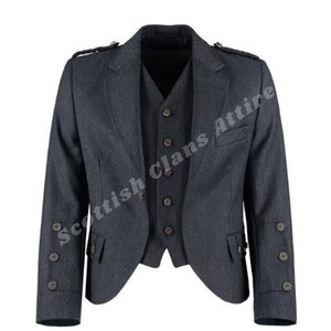 Men&#39;s Scottish Wool Argyle Kilt Jacket & Vest: Charcoal Wedding Outfit