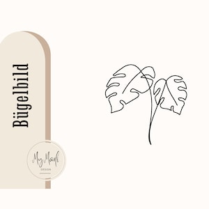 Könnte beinhalten: Eine Schwarz-Weiß-Zeichnung von zwei Monstera-Blättern. Die Zeichnung ist schlicht und elegant und würde perfekt zu einem minimalistischen Einrichtungsstück passen.