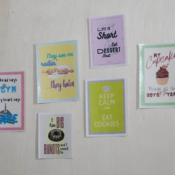 Kitchen Bakery Posters, Baking and Dessert graphics, Funny Saying Signs for Dollhouse & Diorama; set of 6