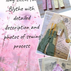 Op de afbeelding: Een PDF-patroon voor het naaien van lange mouwen outfits voor Blythe poppen. De afbeelding toont drie verschillende outfits: een roze gestreept shirt met roze broek, een blauw gestreept shirt met gele broek en een geel gestreept shirt met groene broek. De tekst "Pdf pattern of long sleeve for Blythe with detailed description and photos of sewing process" is zichtbaar in de afbeelding.