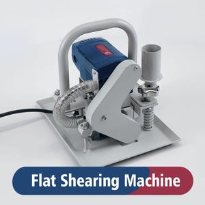 May include: A blue and gray flat shearing machine with a handle and a spring-loaded mechanism. The machine is designed for shearing flat materials.