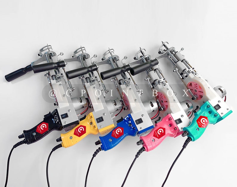 May include: Six electric string trimmer tools with different colored handles: black, yellow, blue, pink, and green. Each tool has a black handle, a silver body, and a white spool. The tools are arranged in a row, with the black handle tool at the left and the green handle tool at the right.