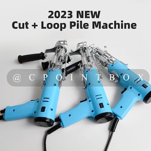 May include: Three blue and black electric cut and loop pile machines with black handles. The machines are arranged in a circle on a white surface. The text "2023 NEW Cut + Loop Pile Machine" is displayed above the machines. The text "@CPOINTBOX" is displayed below the machines.