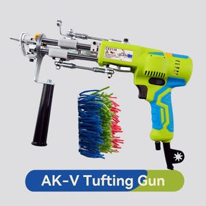 May include: A green and blue AK-V tufting gun with a black handle and a cluster of blue, green, and red yarn. The gun has a trigger and a nozzle. The text "AK-V Tufting Gun" is displayed on a blue and green banner.