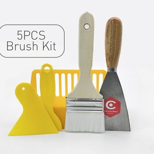 May include: A 5-piece brush kit includes a paint brush, a scraper, and yellow plastic tools. The paint brush has a wooden handle and white bristles. The scraper has a metal blade and a wooden handle. The text "5PCS Brush Kit" is in a white box.
