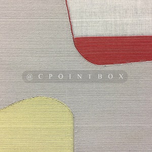 May include: A close-up of a textured fabric with a geometric pattern in shades of gray, red, and yellow. The fabric has a woven appearance and the pattern is made up of overlapping circles and rectangles. The text "@CPOINTBOX" is visible in the lower center of the image.