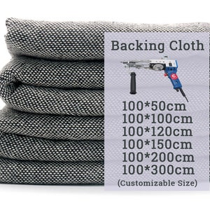 Könnte beinhalten: Ein Stapel schwarzer und weißer Trägerstoffe mit einem Etikett mit der Aufschrift "Backing Cloth" und einer Auflistung verschiedener Größen in Zentimetern: 100*50cm, 100*100cm, 100*120cm, 100*150cm, 100*200cm, 100*300cm. Das Etikett trägt außerdem die Aufschrift "(Customizable Size)".