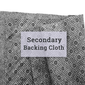 Może przedstawiać: Zbliżenie szarego materiału z wzorzystym podkładem. Materiał jest złożony na pół, a na białej etykiecie nadrukowany jest tekst "Secondary Backing Cloth".