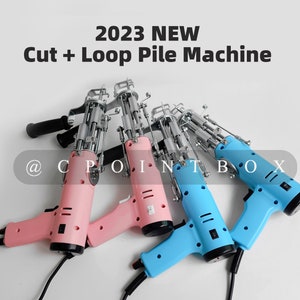 May include: Three electric cut and loop pile machines. One is pink, one is blue, and one is light blue. The machines are on a white surface. The text "2023 NEW Cut + Loop Pile Machine" is at the top of the image. The text "@CPOINTBOX" is at the bottom of the image.