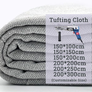 以下が含まれることがあります： グレーのタフティング生地がロール状に巻かれており、生地の質感が見えます。生地は、150x100cm、150x150cm、150x200cm、200x200cm、200x250cm、200x300cmなど、さまざまなサイズがあります。「Tufting Cloth」と「(Customizable Size)」というテキストも表示されています。
