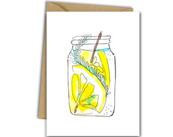 Lemons Summer Drink Blank Greeting Card, Lemon Drink Blank Hello Greeting Card, Lemons and Water Watercolor Summer Sunshine Greeting Card