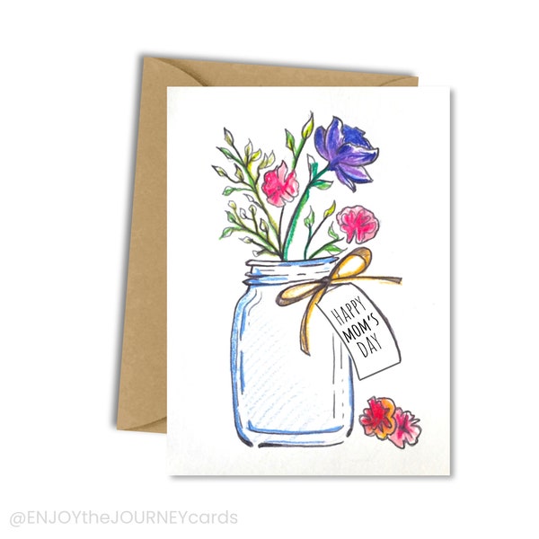 Happy Mother's Day Blank Greeting Card, Flowers in a Mason Jar Blank Happy Mom's Day Greeting Card