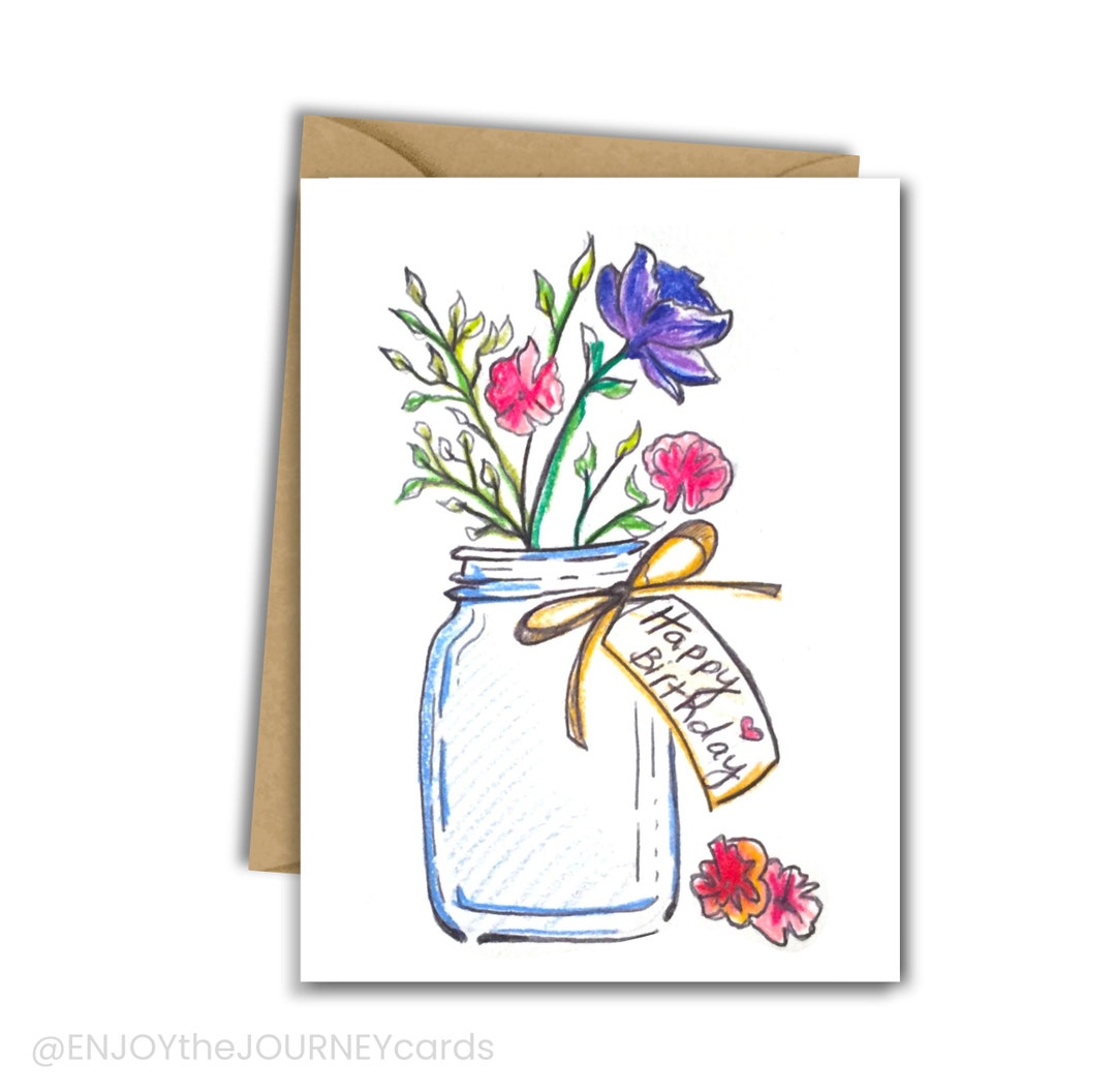 Happy Birthday Blank Greeting Card, Flowers in a Mason Jar Blank
