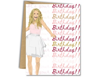 May include: A greeting card with a cartoon illustration of a woman in a pink shirt and white skirt. The text on the card reads "It's your Birthday!" repeated multiple times in different colors.