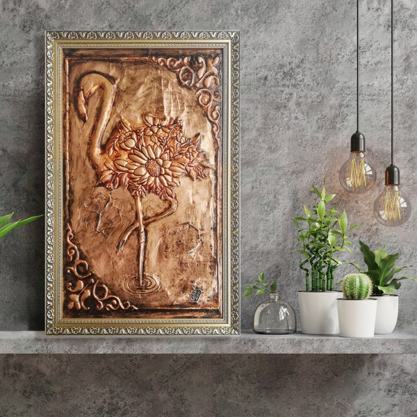 Hand Drawn & Embossed Copper Artwork of a Floral Flamingo.