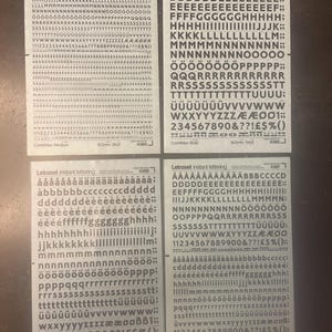 Könnte beinhalten: Vier Blätter Letraset Instant-Lettering in Schwarz auf weißem Hintergrund. Die Blätter sind mit Corinthian Medium, Corinthian Bold, Corinthian Bold und Corinthian Bold beschriftet. Die Blätter enthalten das Alphabet in Groß- und Kleinschreibung, Zahlen und Symbole. Die Blätter sind 60 mm, 140 mm, 14,0 mm und 10,5 mm groß.