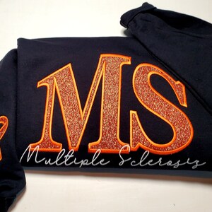 Pu&ograve; includere: Una felpa con cappuccio blu navy con le lettere ricamate "MS" in arancione, bordate di arancione pi&ugrave; scuro. Le parole "Multiple Sclerosis" sono scritte sotto in corsivo bianco. Un nastro arancione per la consapevolezza &egrave; ricamato sulla manica.