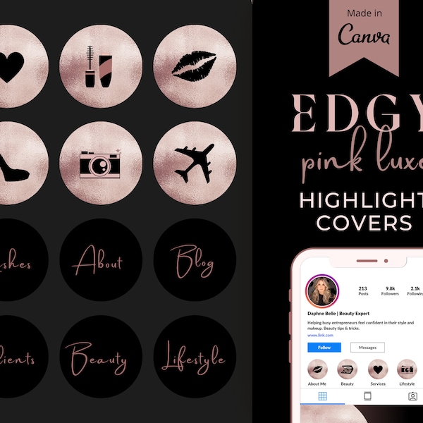Black and Rose Gold Instagram Highlight Covers, Pink Aesthetic Black & Gold Luxe Highlights Canva, Rose Gold IG highlight cover