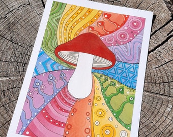 Mushroom Rainbow Kaleidoscope Print A4 Size