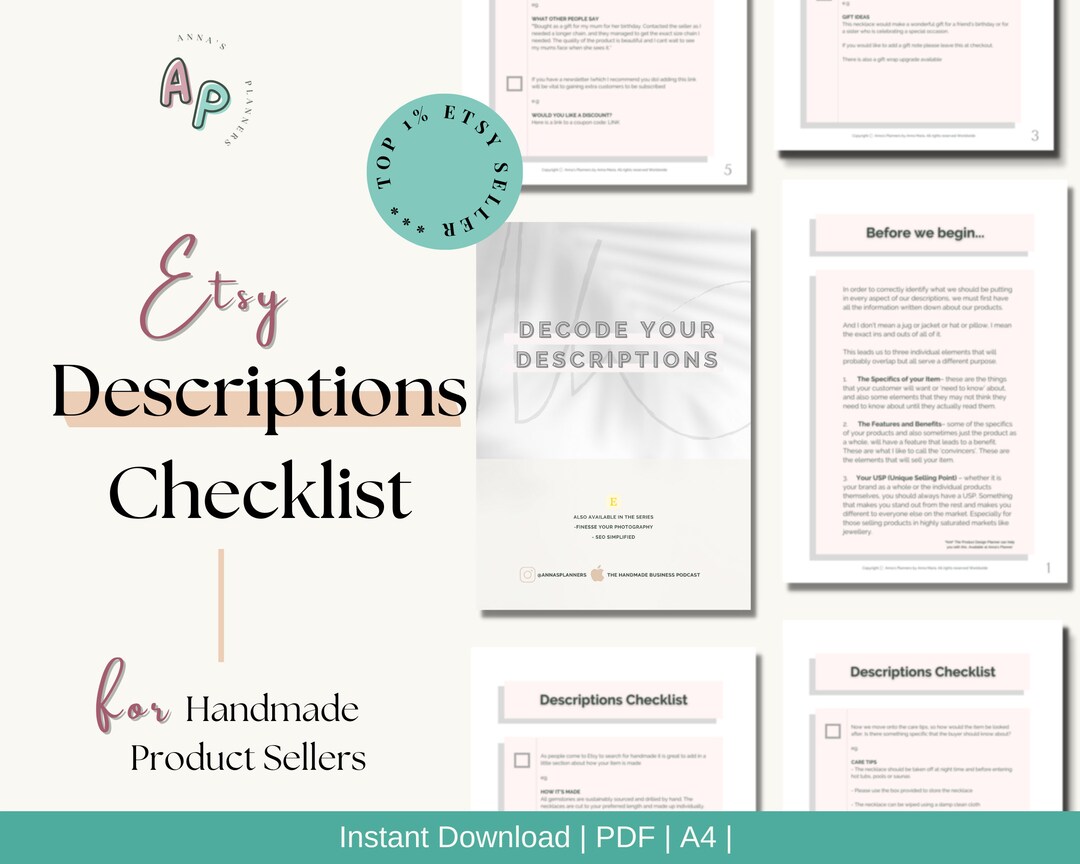 Etsy Descriptions Checklist Printable, Descriptions Template, Etsy Shop Workbook, Etsy Seller