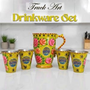 Truck Art Drinkware Set/Pakistani Hand Painted Jug with 4 Glass/Truck Art Pakistan Home Decoration Water Set/Pakistani Handicraft (5 pcs)