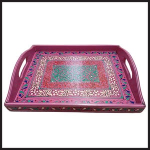 May include: A pink wooden serving tray with hand-painted floral designs in shades of green, red, and white.