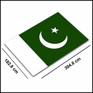 May include: A green and white flag of Pakistan with a crescent moon and star in the centre. The flag is 304.8 cm wide and 182.8 cm tall.