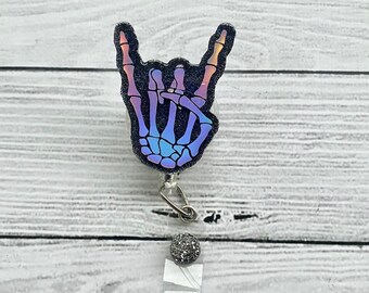 Rock On Skeleton Hand Color Shifting Badge Reel - Halloween Badge Reel  - Medical Badge Reel - Glitter Badge Reel - Nurse Badge Reel