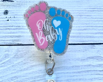 Baby Feet Glitter Badge Reel – UV Resin Acrylic Swivel Alligator Clip