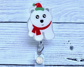 Cute Polar Bear Badge Reel - Holiday Badge Reel - Christmas Badge Reel - Nurse Badge Reel - Glitter Badge Reel - Cute Badge Reel
