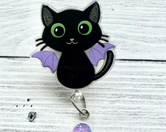Bat Cat Badge Reel - Halloween Badge Reel - Funny Badge Reel - Glitter Badge Reel - Nurse Badge Reel - Cute Badge Reel -Medical Badge