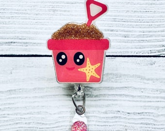 Sand Bucket Glitter Badge Reel – Cute Acrylic Nurse Gift