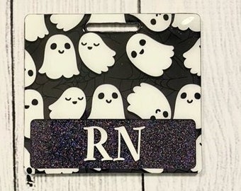 Cute Ghost Horizontal Badge Buddy - Custom Badge Buddy - Badge Buddy Glitter - Cute Badge Buddies - Extended Size Badge Buddy - Halloween