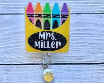 Crayons with Teacher’s Name Badge Reel - Teacher Badge Reel - Custom Badge Reel - Teacher Gift - Back to School - Glitter Badge Reel