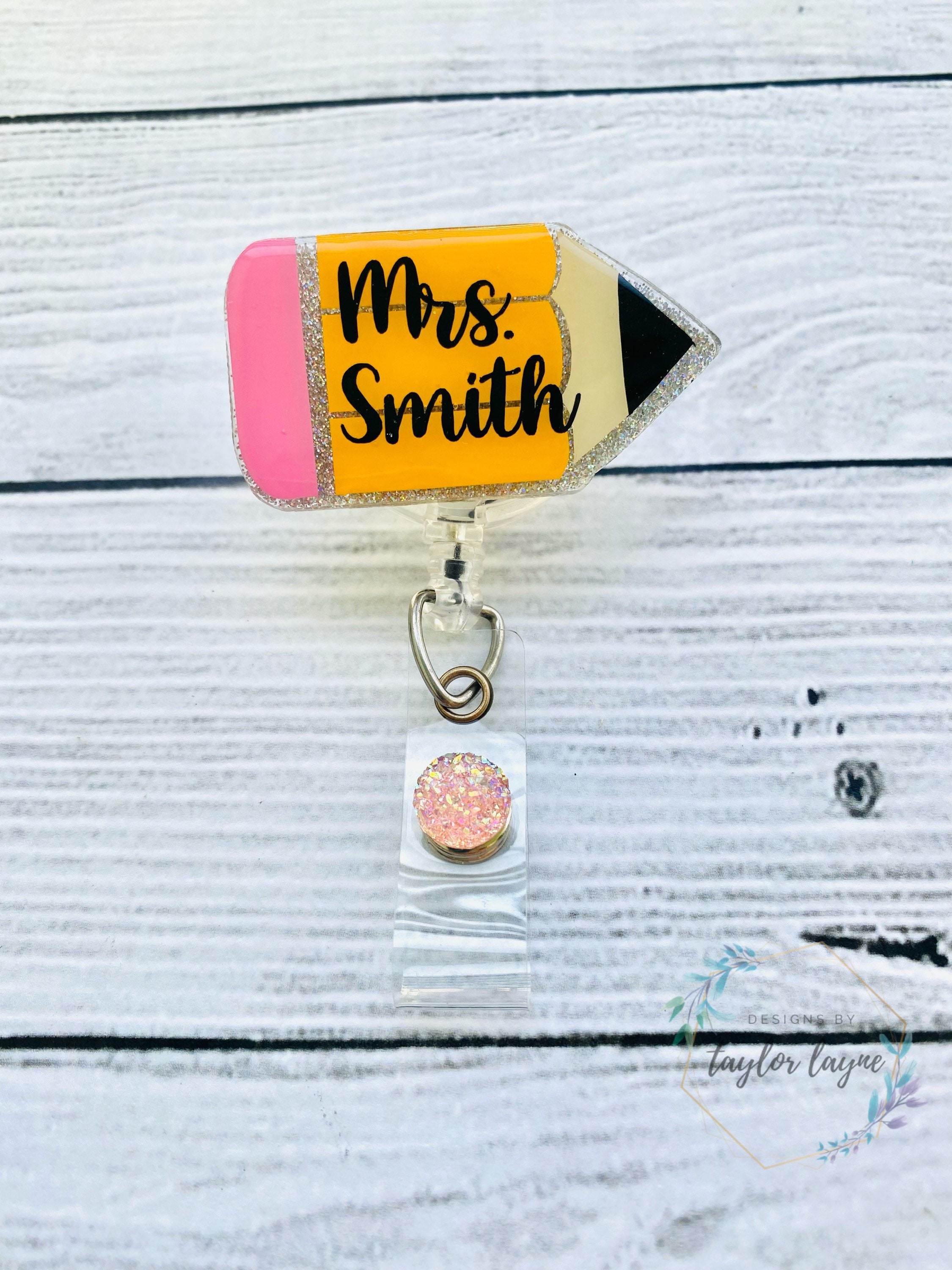 Simply Southern Badge Reel Pink Glitter Pencil Teacher Gift School Badge