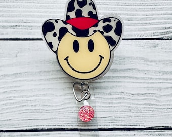 Cow Print Cowboy Smiley Badge Reel - Cute Badge Reel - Nurse Badge Reel - Glitter Badge Reel - Medical Badge Reel - Nurse Gift