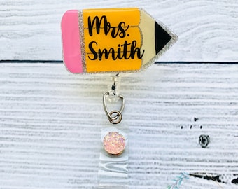 Pencil with Teacher’s Name Badge Reel - Teacher Badge Reel - Custom Badge Reel - Teacher Gift - Back to School - Glitter Badge Reel