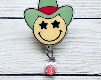 Teal Cowboy Hat Smiley Badge Reel - Cute Badge Reel - Nurse Badge Reel - Glitter Badge Reel - Medical Badge Reel - Nurse Gift