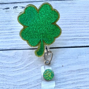 Four Leaf Clover Badge Reel- St. Patrick&#39;s Day Badge Reel- Nurse Badge Reel Cute Badge Reel - Medical Badge Reel - Glitter Badge Reel