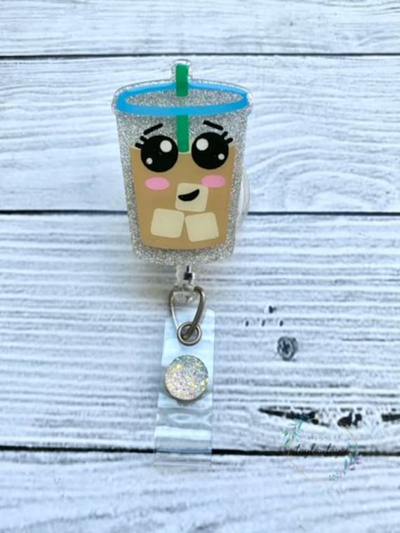 Cute Iced Coffee Badge Reel Glitter Badge Reel Nurse Badge Reel
