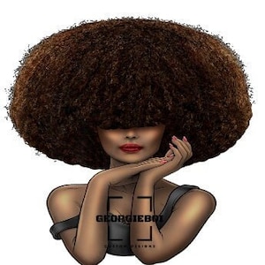 May include: A digital illustration of a woman with a large, brown afro hairstyle. Her eyes are hidden behind her hair, and she is wearing a black sleeveless top. Her lips are painted a bright red.