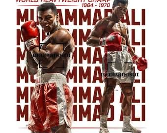 May include: A black and white photo of Muhammad Ali, a famous boxer, wearing boxing gloves and shorts. The image is repeated multiple times with the text "MUHAMMAD ALI" in red letters. The text "WORLD HEAVYWEIGHT CHAMP 1964-1970" is at the top of the image. The text "THE GREATEST" is at the bottom of the image.