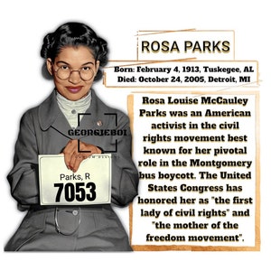 Puede incluir: Una fotografía en blanco y negro de Rosa Parks, una activista estadounidense por los derechos civiles. La foto la muestra sosteniendo un cartel que dice "Parks, R 7053". El texto debajo de la foto proporciona información biográfica sobre Rosa Parks, incluyendo su fecha de nacimiento, fecha de muerte y su papel en el boicot de autobuses de Montgomery.
