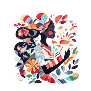 May include: A colorful illustration of a person reading a book surrounded by flowers and leaves. The person is wearing a colorful head scarf and a patterned shirt. The illustration is done in a vibrant style with bold colors and geometric shapes.