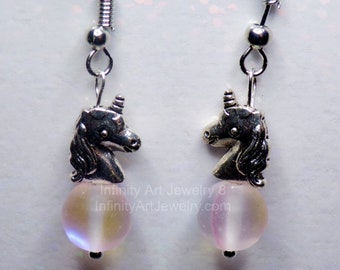 My Little Pony Unicorn dangle earrings with Mermaid glass bead/teen gift/fantasy jewelry/sparkle jewelry/birthday gift / gift for girl