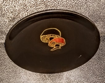 Couroc vintage bowl,Monterey California,hand inlaid design,wood and metal,satin black phenolic,mushroom center design,collectible,unique