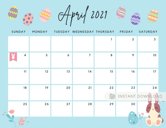 April 2021 Calendar Easter Printable Calendar Cute April | Etsy